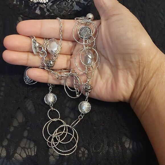 NY Collection Metallic Silver Tone Loops Station Style Statement Long Necklace - Picture 7 of 7